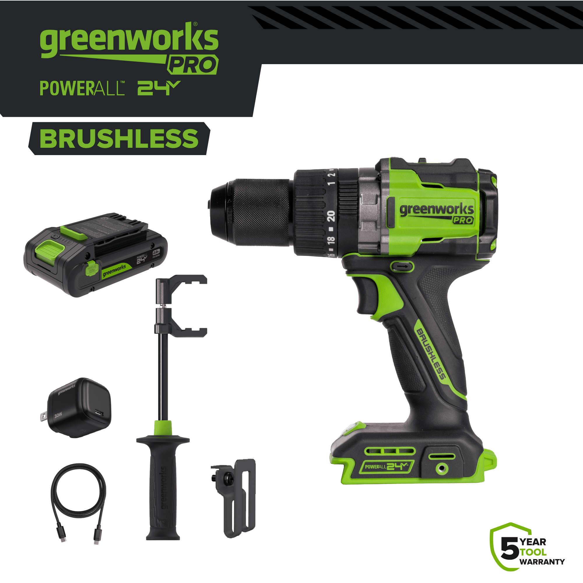 Greenworks Pro 24V 850 in-lb 1/2" Hammer Drill, with 2.0 Ah Battery and Charger, PowerAll, HD595A1