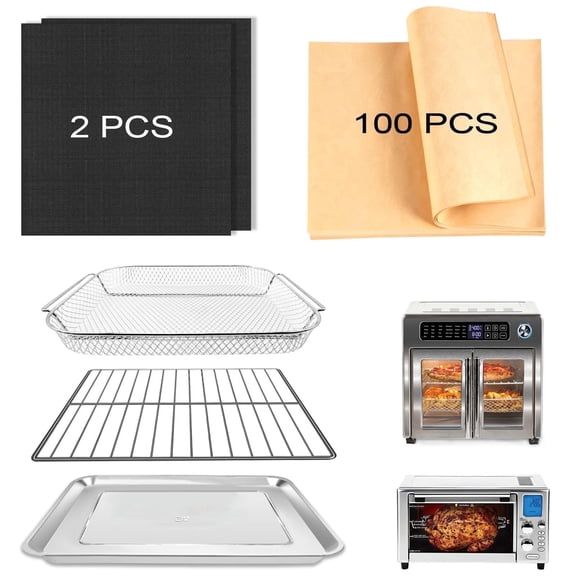 GWY 5-Piece Air Fryer Accessories Set for 26QT, Includes Baking Pan, Air Fryer Basket, Rack, 2 Non-Stick Mats & 100 Parchment Papers, Stainless Steel Bakeware Set