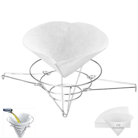 GWY Stainless Steel Deep Fryer Oil Filter Strainer with Cone Holder & Folding Arms 9.2"x9.2"x7.7" for Cooking Oil Recycling