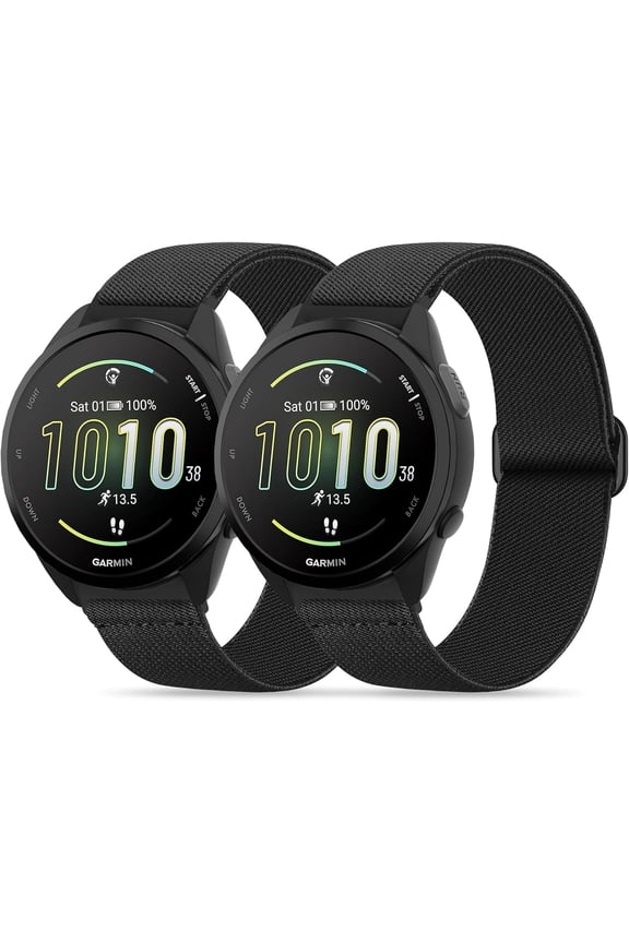 -2 Pack Stretchy Nylon Watch Bands Compatible with Garmin Forerunner 165/55/245/Vivoactive 5/6/3,20mm Soft Breathable Adjustable Replacement Sport Straps for Garmin Venu Sq 2 Women Men