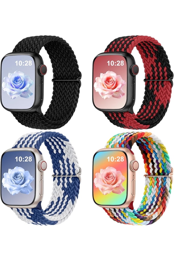 -4 Pack Braided Stretchy Solo Loop for Apple Watch Bands Women Men 40mm 41mm 42mm 44mm 45mm 46mm 49mm 38mm, Soft Nylon Elastic Sport Strap for iWatch Band Series 11 10 9 8 7 6 5 4 3 2 1 SE Ultr