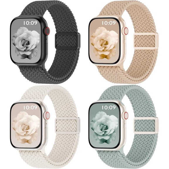 GWYYCG-4 Pack Magnetic Braided Solo Loop Compatible with Apple Watch Band 38mm 40mm 41mm 42mm 44mm 45mm 46mm 49mm Women Men, Stretchy Nylon Sport Elastic Strap for iWatch Series 11/10/9/8/SE/7/6/5/4/