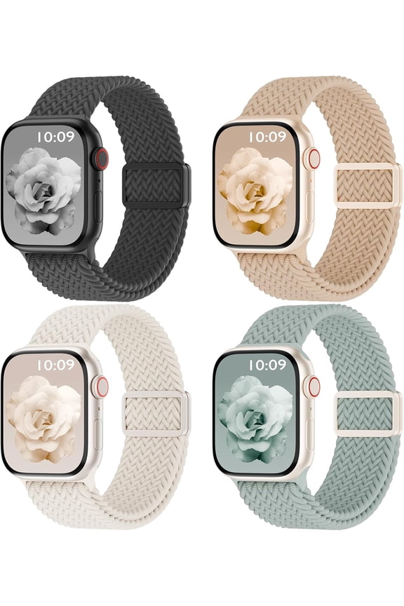 -4 Pack Magnetic Braided Solo Loop Compatible with Apple Watch Band 38mm 40mm 41mm 42mm 44mm 45mm 46mm 49mm Women Men, Stretchy Nylon Sport Elastic Strap for iWatch Series 11/10/9/8/SE/7/6/5/4/
