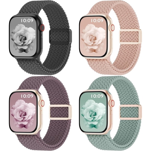GWYYCG-4 Pack Magnetic Braided Solo Loop Compatible with Apple Watch Band 38mm 40mm 41mm 42mm 44mm 45mm 46mm 49mm Women Men, Stretchy Nylon Sport Elastic Strap for iWatch Series 11/10/9/8/SE/7/6/5/4/