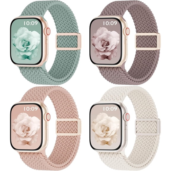 GWYYCG-4 Pack Magnetic Braided Solo Loop Compatible with Apple Watch Band 38mm 40mm 41mm 42mm 44mm 45mm 46mm 49mm Women Men, Stretchy Nylon Sport Elastic Strap for iWatch Series 11/10/9/8/SE/7/6/5/4/