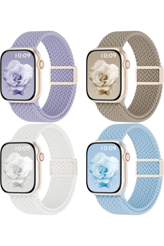 -4 Pack Magnetic Braided Solo Loop Compatible with Apple Watch Band 38mm 40mm 41mm 42mm 44mm 45mm 46mm 49mm Women Men, Stretchy Nylon Sport Elastic Strap for iWatch Series 11/10/9/8/SE/7/6/5/4/