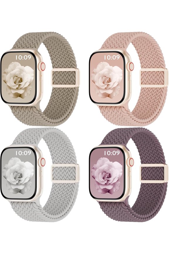 -4 Pack Magnetic Braided Solo Loop Compatible with Apple Watch Band 38mm 40mm 41mm 42mm 44mm 45mm 46mm 49mm Women Men, Stretchy Nylon Sport Elastic Strap for iWatch Series 11/10/9/8/SE/7/6/5/4/