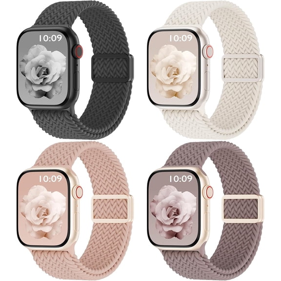 GWYYCG-4 Pack Magnetic Braided Solo Loop Compatible with Apple Watch Band 38mm 40mm 41mm 42mm 44mm 45mm 46mm 49mm Women Men, Stretchy Nylon Sport Elastic Strap for iWatch Series 11/10/9/8/SE/7/6/5/4/