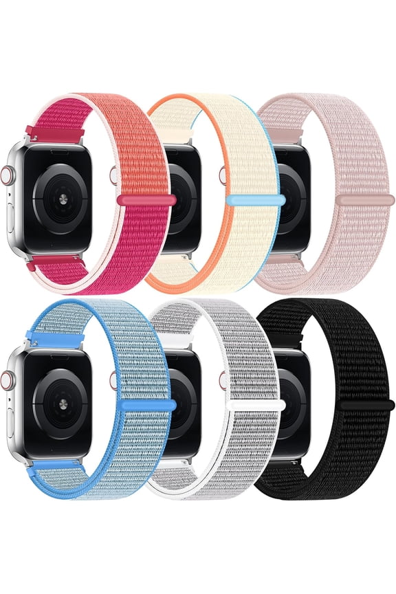 -6 Pack Nylon Sport Loop Band Compatible with Apple Watch Band 38mm 40mm 41mm 42mm 44mm 45mm 46mm 49mm Women Men, Soft Adjustable Braided Replacement Straps for iWatch Series 11 10 9 8 7 6 5 4
