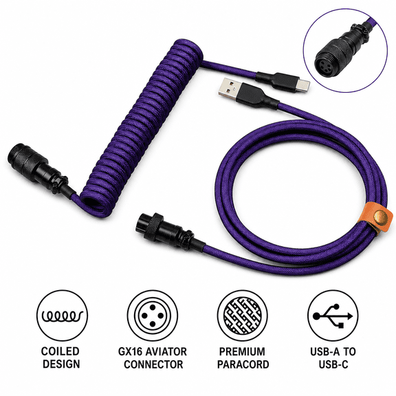 GX16 aviator Mechanical Keyboard Cable With aviator Connector Paracord Usb Coiled Usb c Keyboard Coiled Cable coiled length 151cm , straight length 1.5M D30