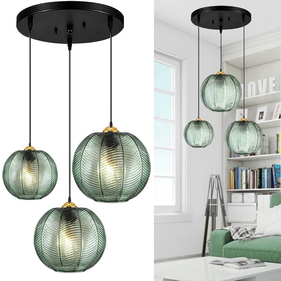 3 in 1 Green Glass Pendant Light, GXCSY Mid Century Modern Chandelier, Ribbed Blown Glass Globe Shade Hanging Ceiling Light Fixture, E26 E27 for Living Room, Restaurant, Bar