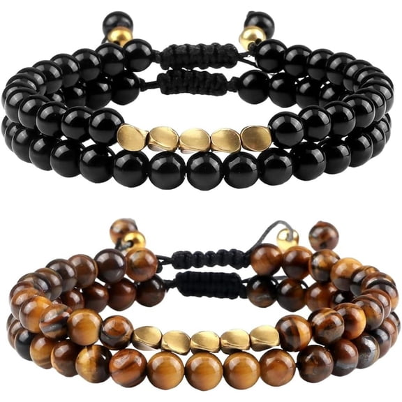 GXCZ Bracelets For Women 2Pcs/Set Personality Irregular Copper Beads Bracelet 6Mm Black Lava Polish Matte Tiger Eye Natural Stone Bangle Jewelry Gift Fashion Accessories Creative Gift
