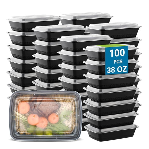 GXDOX 100pcs(50 Containers+50 Lids) 38oz Black Rectangular Meal Prep Containers, Plastic Food Storage Container, Disposable Bento Box