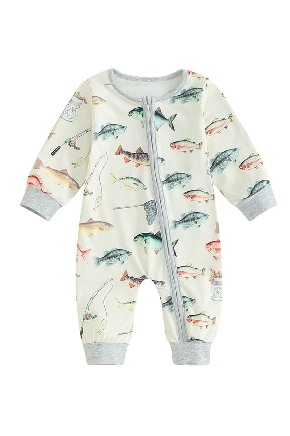 Baby Boys Girls Fall Jumpsuits Clothes 3 6 9 12 18 24M Newborn Long Sleeve Fish Print Bodysuit Babysuit Autumn Clothing for Infant