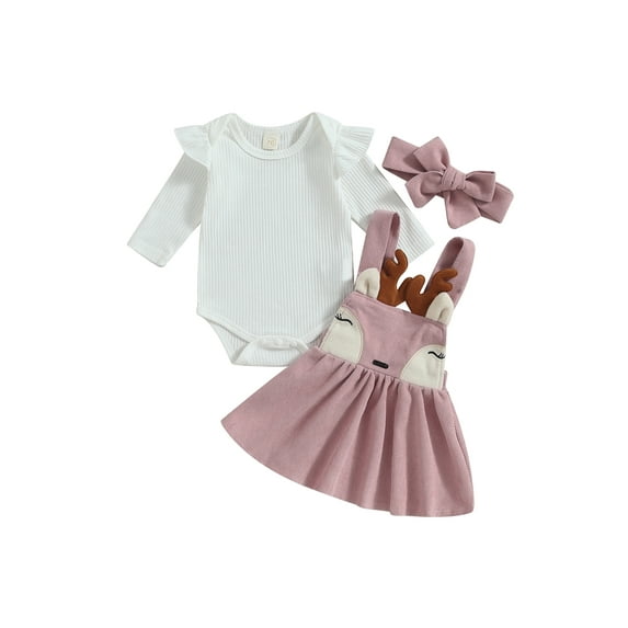 GXFC Baby Girl Christmas Holiday Party Outfits Clothes 3M 6M 9M 12M 18M Infant Girls Long Sleeve Romper +Deer Print Suspender Skirt+Headband 3Pcs Holiday-themed Clothing for Newborn Girl