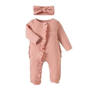 GXFC Baby Girl Fall Jumpsuits 3M 6M 9M 12M 18M Infant Girl Long Sleeve Zip Up Footies Rompers Bodysuit with Headband Autumn Clothing for Newborn Girl