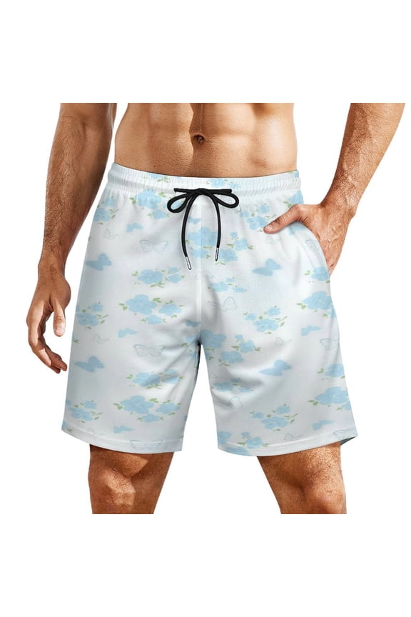 Blue Flower Butterfly Pattern Men's Beach Shorts, Breathable Mesh Lining Quick Dry with Pockets, Casual Swimwear for Adults,