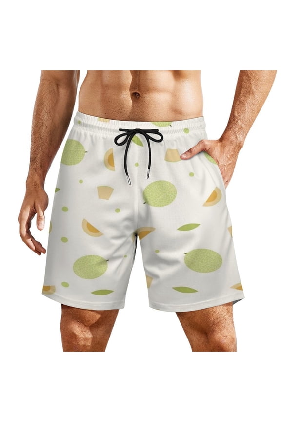Cartoon Melon Slice Pattern Men's Beach Shorts, Breathable Mesh Lining Quick Dry with Pockets, Casual Swimwear for Adults,