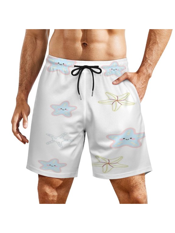 Cartoon Smiley Starfish Pattern Men's Beach Shorts, Breathable Mesh Lining Quick Dry with Pockets, Casual Swimwear for Adults,