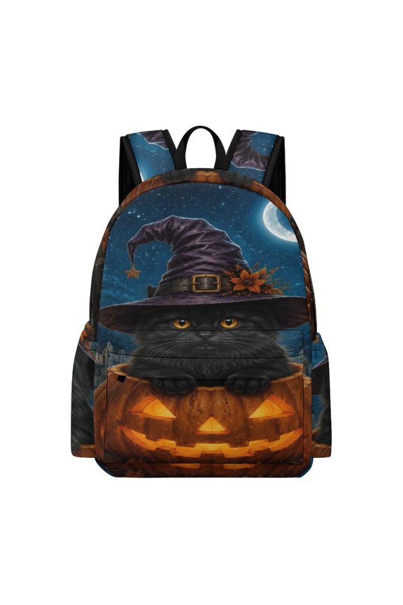 Crescent Witch Hat Cat Inside Pumpkin Printed Oxford Backpack, Large Capacity Laptop Backpack, Water Resistant, Travel Daypack for College Work Commuting Adults,