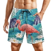 GXFC Flamingo Water Lily Tropical Leaves Mens Beach Shorts, Breathable Mesh Lining Quick Dry with Pockets, Casual Swimwear for Adults,