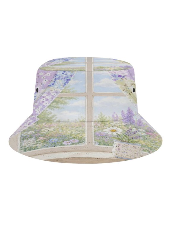 Floral Curtain Window View Bucket Hat, Soft, Printed, Packable Fisherman Sun Hat for Beach Travel Hiking Vacation, Sun Hat for Women Men,