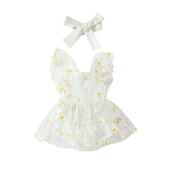GXFC Infant Baby Girl Romper Dress Kids Girls Ruffle Sleeve Daisy Print Patchwork Jumpsuit Casual One Piece Dress with Headband Babysuit 0-12M