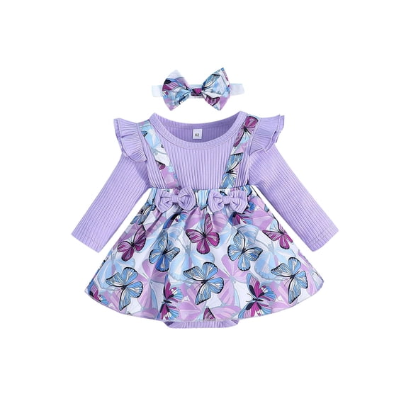GXFC Infant Baby Girl Romper Dress Outfits Newborn Girls Long Sleeve Rib Knit Butterfly Print Jumpsuit One Piece Princess Dress Babysuit with Headband 0-18M