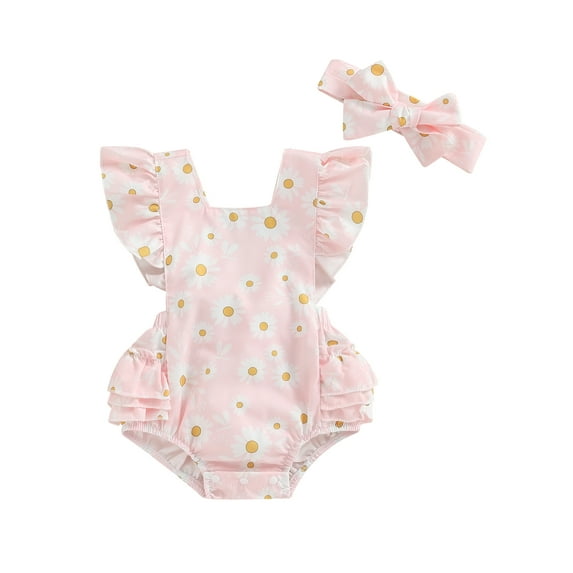 GXFC Infant Baby Girl Romper Dress Outfits Newborn Girls Short Sleeve Ruffle Floral Jumpsuit One Piece Skirt Dress Babysuit with Bow Headband 0-18M