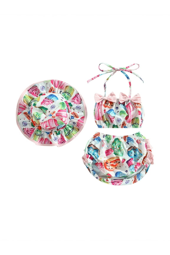 Infant Baby Girls Bikinis Swimsuits Newborn Girls Sleeveless Halter Graphic Print Crop Tops + Briefs +Hat Bathing Suit Toddler Girls Swimwear Beachwear 3Pcs 0-24M