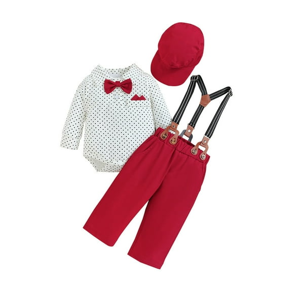 GXFC Infant Boys Christmas Holiday Party Suits Costume 3M 6M 12M Newborn Boys Long Sleeve Bow Dots  Print Romper and Suspender Pants Hat Holiday-themed Clothing for Preemie Boys