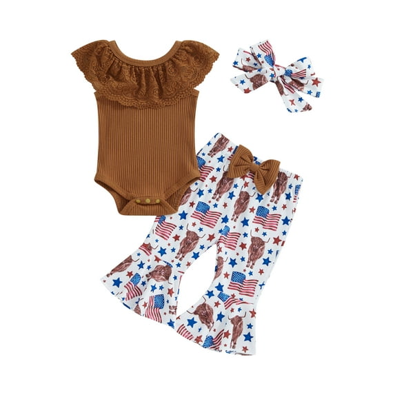 GXFC Infant Girl 4th of July Outfits Newborn Girls Sleeveless Floral Lace Romper Tops+Patchwork Star Stripe Print Flare Pants +Headband Set Independence Day Clothes 3pcs 0-18M