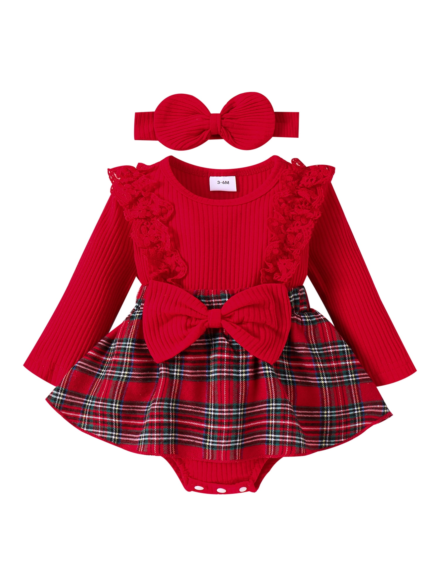 GXFC Infant Girls Christmas Dress Clothes 3M 6M 9M 12M Baby Girls Long Sleeve Plaid Print Rompers A-line Dress with Headband Set Christmas Holiday-themed Clothing for Newborn Girls