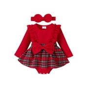 GXFC Infant Girls Christmas Dress Clothes 3M 6M 9M 12M Baby Girls Long Sleeve Plaid Print Rompers A-line Dress with Headband Set Christmas Holiday-themed Clothing for Newborn Girls
