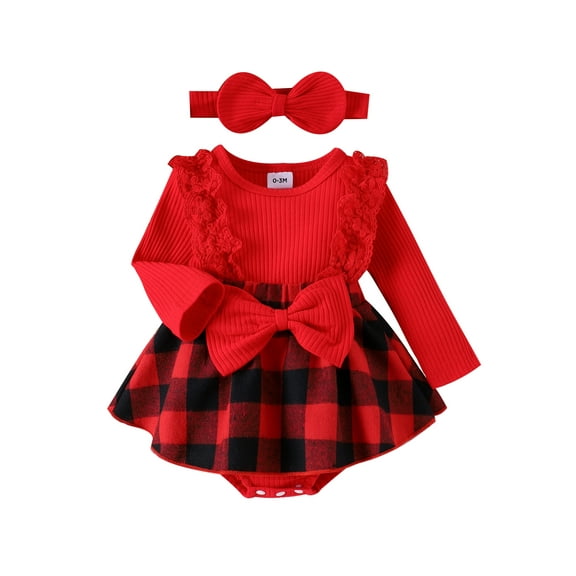 GXFC Infant Girls Christmas Dress Clothes 6M 9M 12M Newborn Girls Long Sleeve Plaid Print Rompers A-line Dress with Headband Set Christmas Holiday-themed Clothing for Baby Girls