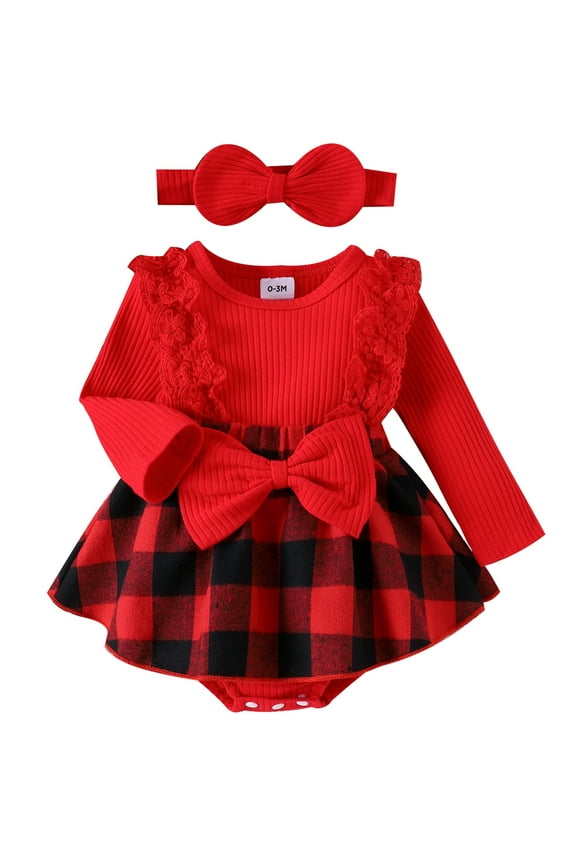 Infant Girls Christmas Dress Clothes 6M 9M 12M Newborn Girls Long Sleeve Plaid Print Rompers A-line Dress with Headband Set Christmas Holiday-themed Clothing for Baby Girls