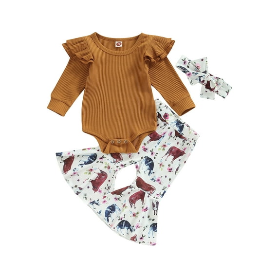 GXFC Infant Girls Fall Outfits Clothes 3M 6M 9M 12M 18M Baby Girls Long Sleeve Romper and Cow Print Flare Pants and Headband 3Piece Casual Autumn Clothing for Newborn Girls