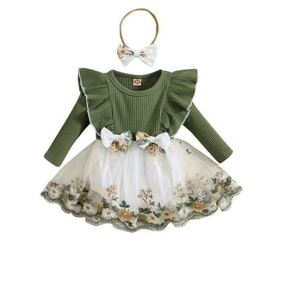 GXFC Infant Girls Fall Princess Dress Clothes 3M 6M 9M 12M 18M 24M Baby Girls Long Sleeve Floral Embroidery Dress with Hairband Outfits 2-piece Spring Autumn Casual Dress Clothing for Newborn Girl