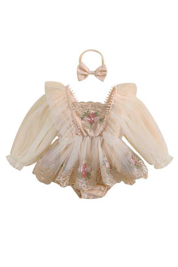 Infant Girls Fall Princess Dress Clothes 3M 6M 9M 12M 18M 24M Baby Girls Long Sleeve Floral Embroidery Romper Dress with Hairband Spring Dress Clothing for Newborn Girl