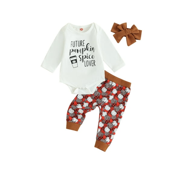 GXFC Infant Girls Halloween Outfits Clothes 6M 9M 12M 18M Baby Girls Long Sleeve Rompers Pumpkin Print Pants Headband 3Pcs Halloween-themed Clothing for Newborn Girls