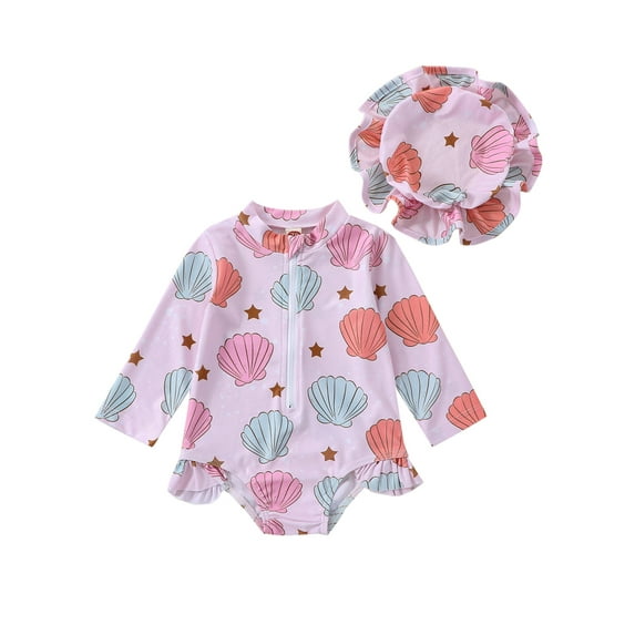 GXFC Infant Girls One Piece Swimsuits Newborn Girls Long Sleeve Zip-up Ruffle Floral Print Romper Top Girls Rash Guards Beach Bathing Suit with Cap 0-24M