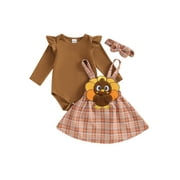GXFC Infant Girls Thanksgiving Outfits Clothes 3M 6M 9M 12M 18M Baby Girls Long Sleeve Romper+Turkey Print Suspender Skirt+Headband 3Pcs Thanksgiving Day Clothing for Newborn Girls