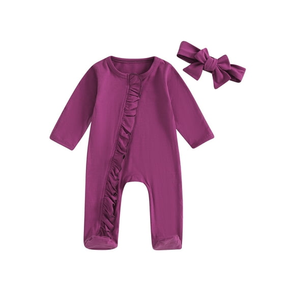 GXFC Infant Preemie Girl Fall Footed Jumpsuits 3M 6M Baby Girl Long Sleeve Zip Up Bodysuit with Headband Set Autumn Clothing for Newborn Girl