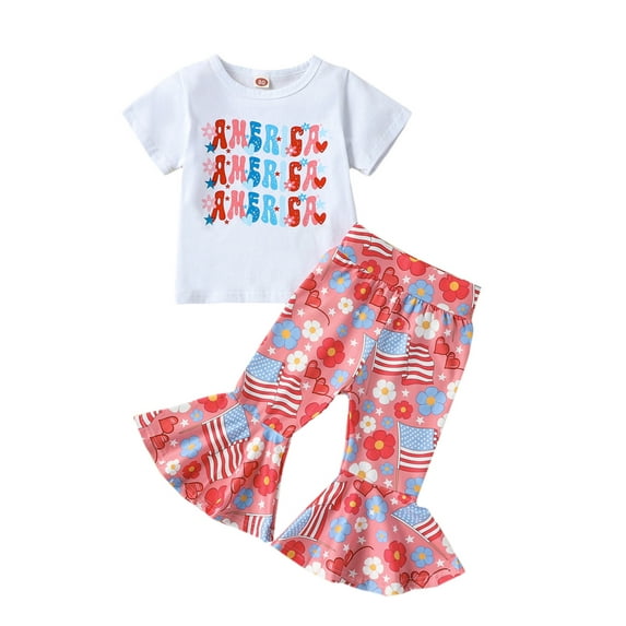 GXFC Kids Girl 4th of July Outfits Little Girls Short Sleeve T-Shirts+Stars Stripe Print Bell Bottom Flare Pants Set Independence Day Clothes 2pcs 1-5T