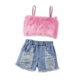 thumbnail image 1 of GXFC Kids Girls Fashion Shorts Outfits Little Girls Sleeveless Sling Fur Vest Crop Tops and Ripped Denim Short Pants Girls Summer Two Piece Set 1-6T, 1 of 9