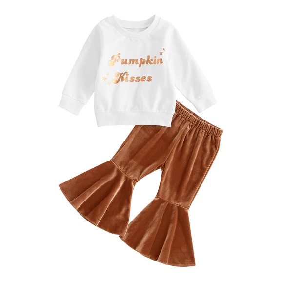 GXFC Kids Girls Halloween Outfits Clothes 6M 1T 2T 3T 4T Toddler Girls Long Sleeve Letter Pumpkin Print Flare Pants 2Pcs Halloween-themed Clothing for Toddler Children Girls