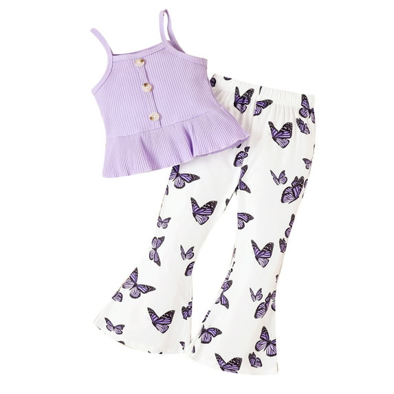 GXFC Kids Girls Summer Flare Pants Outfits Little Girls Sleeveless Ruffle Button Tank Tops+Butterfly Print Bell Bottom Pants Set Casual Clothes 2Pcs 4-7T