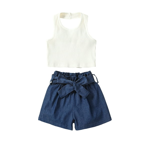 GXFC Kids Girls Summer Shorts Outfits Little Girls Sleeveless Halter Neck Vest and Denim Short Pants with Belted Girls Summer Two Piece Set 3-7T