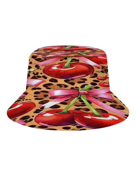 Leopard Cherry Bow Pattern Bucket Hat, Soft, Printed, Packable Fisherman Sun Hat for Beach Travel Hiking Vacation, Sun Hat for Women Men,