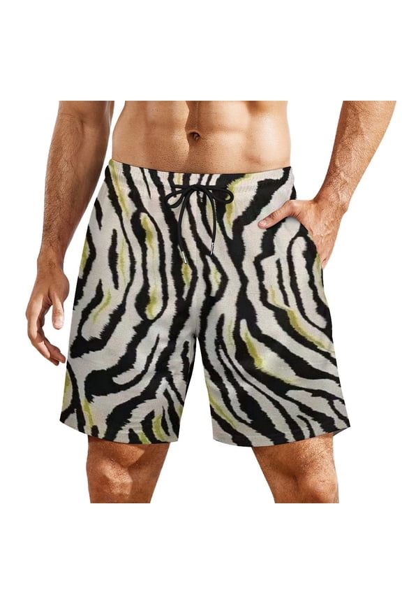 Light Green Zebra Stripe Pattern Men's Beach Shorts, Breathable Mesh Lining Quick Dry with Pockets, Casual Swimwear for Adults,